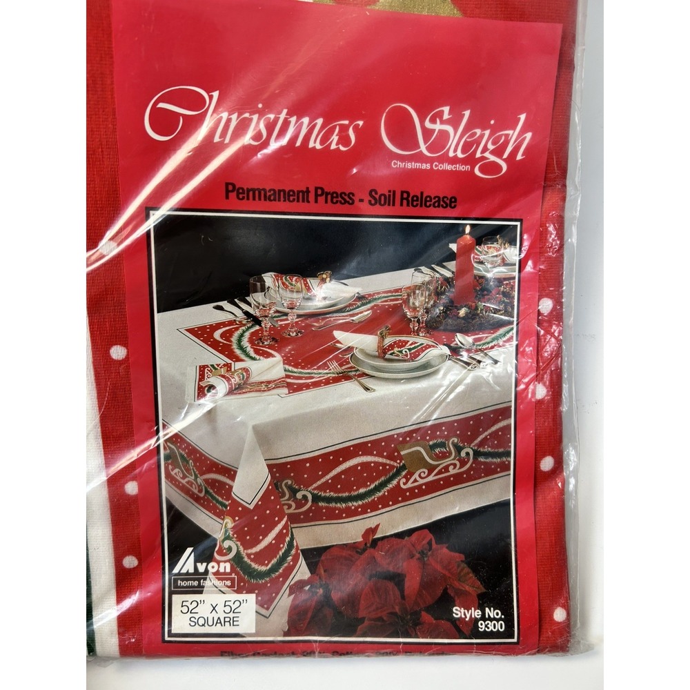 New NIP Avon Home Fashions Christmas Sleigh Red White # 9300 Tablecloth‎ 52"x52"